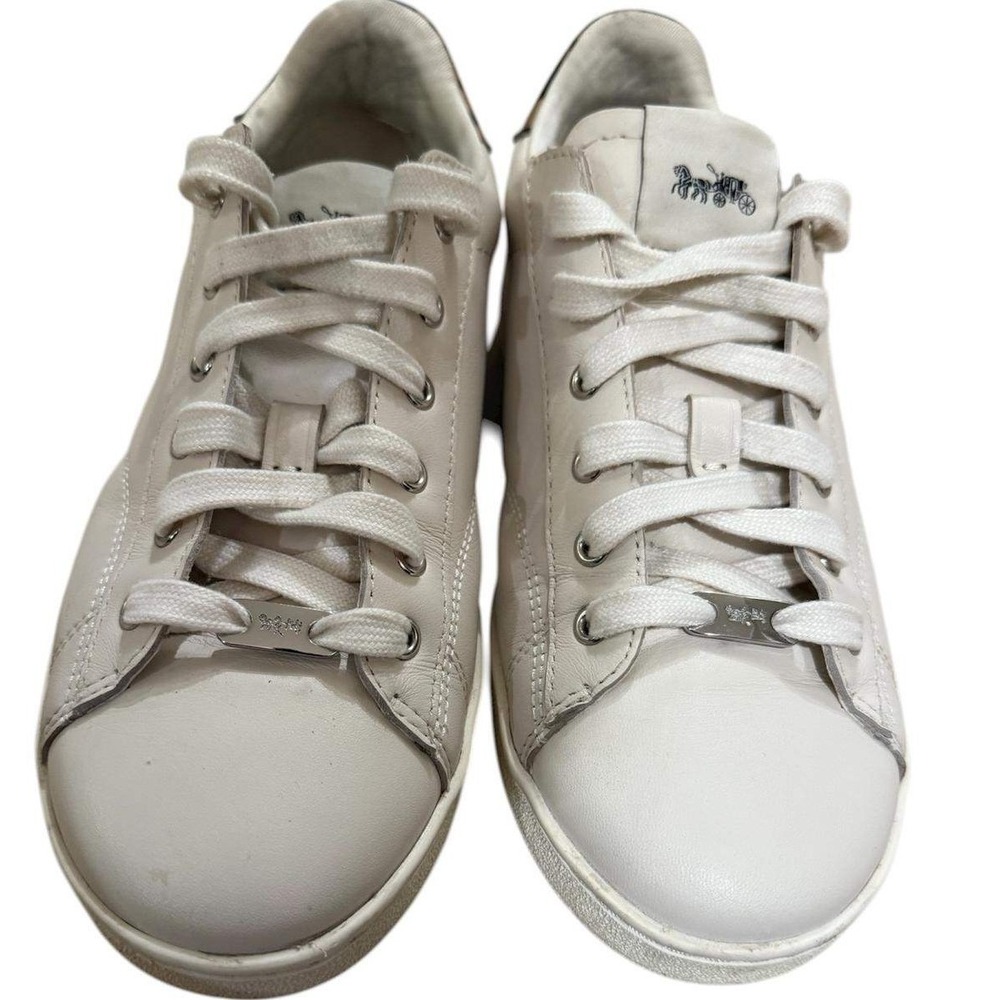 Coach Leather Low Top Sneakers White Leopard Print Heel Horse Carriage Logo 9.5 - Picture 4 of 6